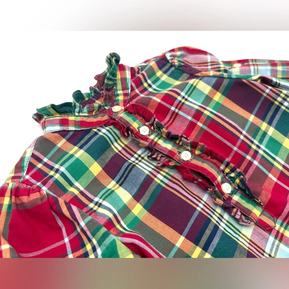 EUC Ralph Lauren Christmas Plaid Peplum Long Sleeve Tunic Top In Red & Green 24M